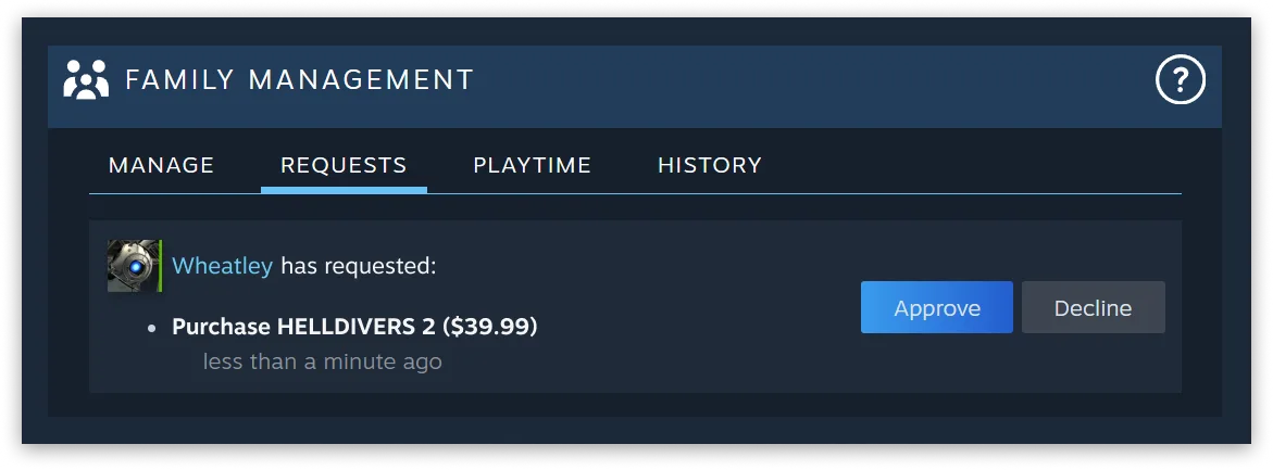 Steam Families child purchase request