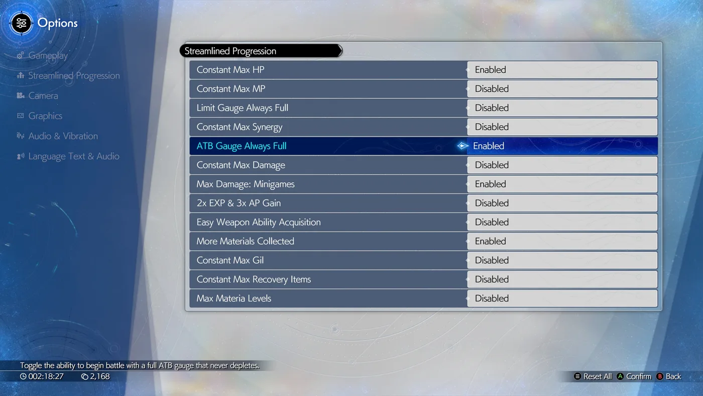 Streamlined Progression 選項畫面