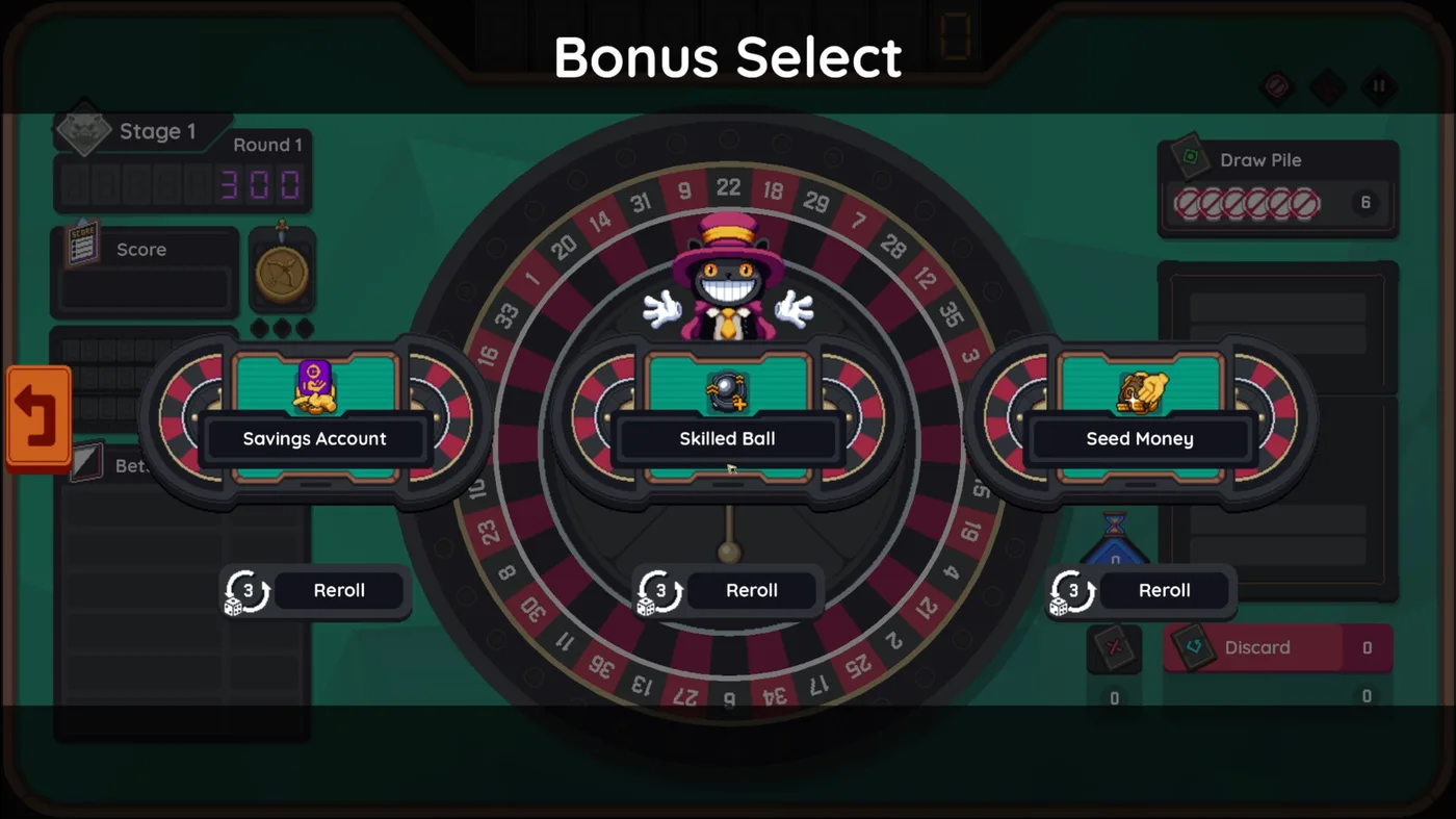 Bingle Bingle bonus select 畫面，三個 bonus 選項可 reroll