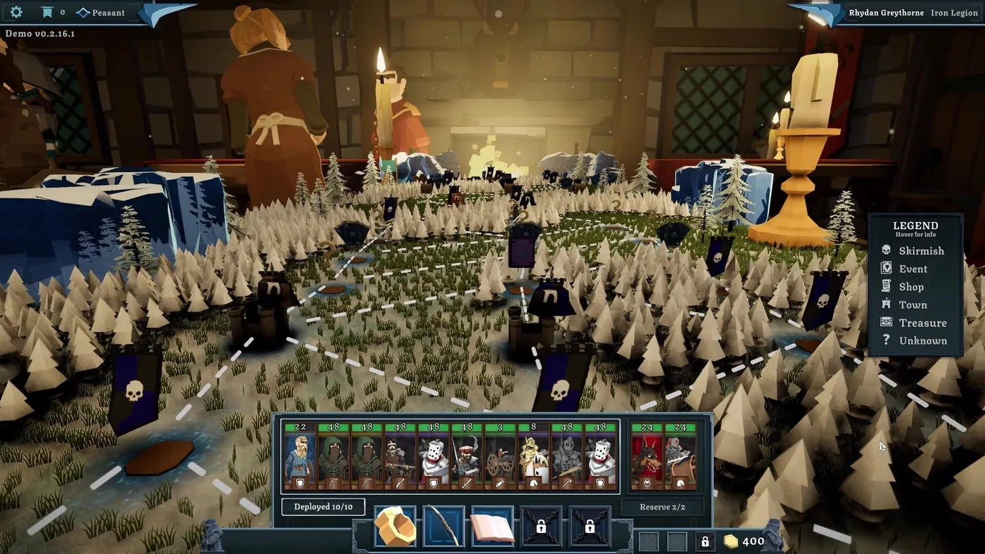 Tabletop Tavern 實機截圖:雪地路線地圖,節點包括 skirmish、event、shop、town、treasure