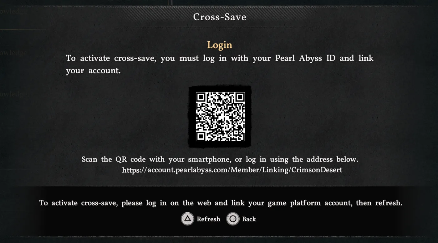 Crimson Desert Cross Save 登入及 QR code 畫面