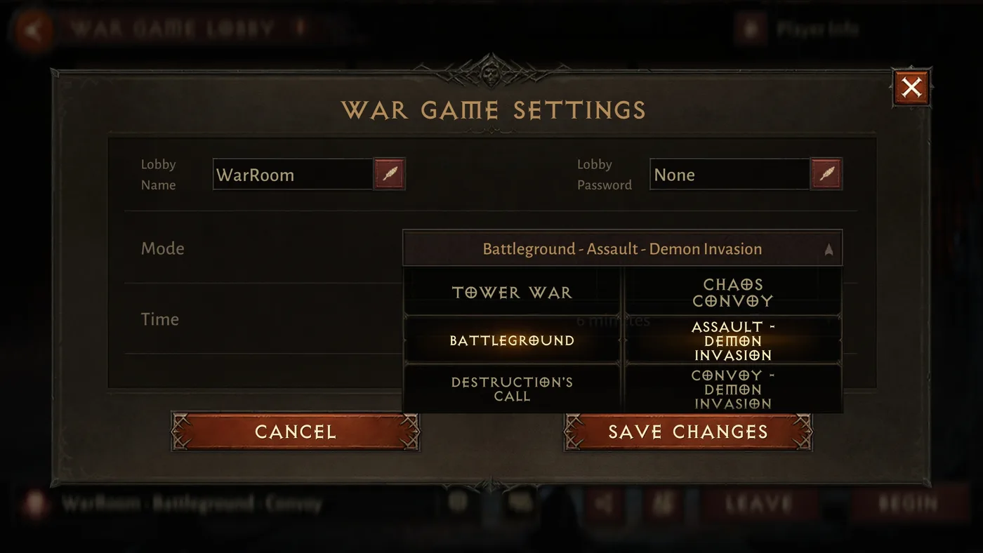 War Game 模式選擇畫面