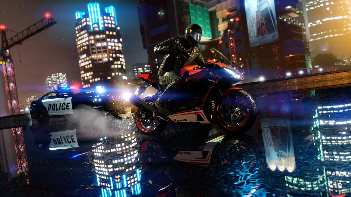 GTA V Enhanced 夜間電單車追逐與反射效果
