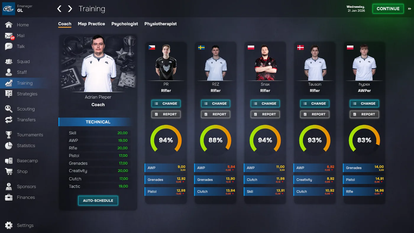 Esports Manager 2026 training screen