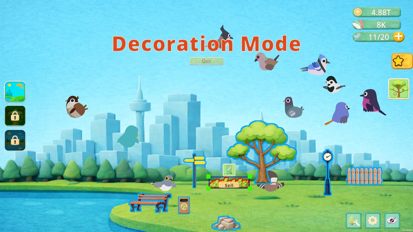 Tiny Birdtopia Decoration Mode 擺放樹木、長椅與路牌