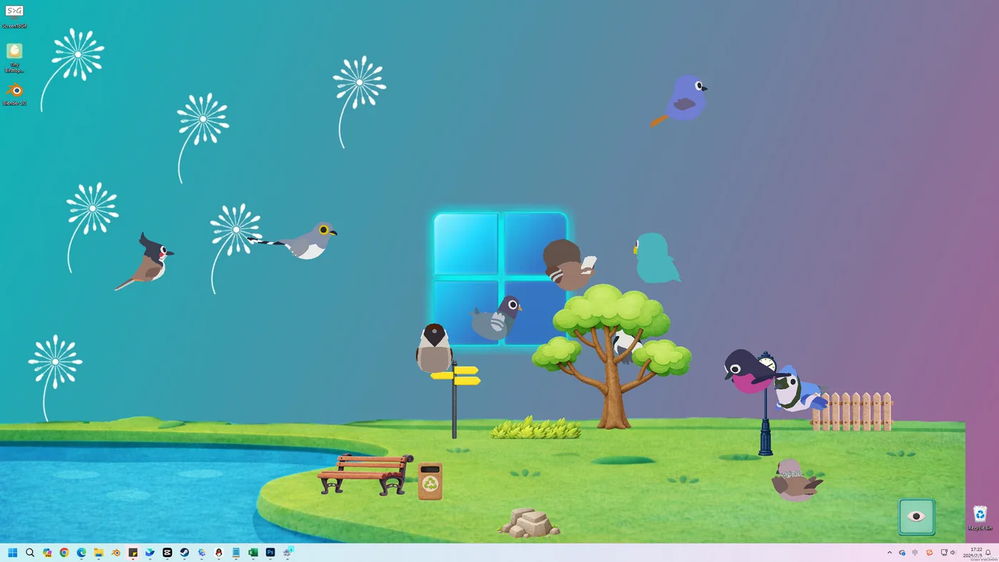 Tiny Birdtopia 疊在 Windows 桌面下方的桌面模式