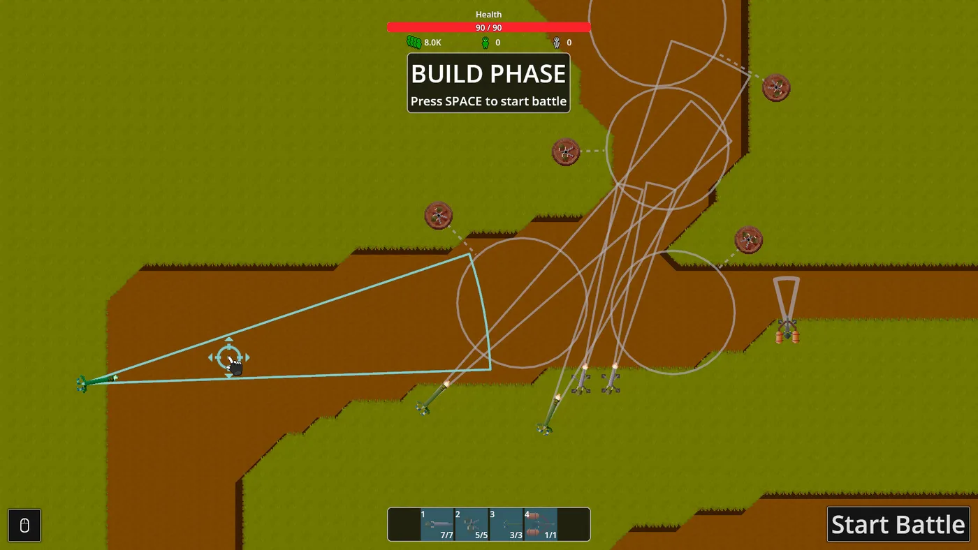 Build Phase 顯示砲塔射程與可能覆蓋路線