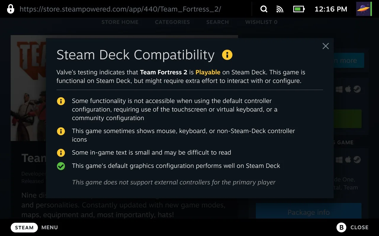Steam Deck 相容性彈窗示意