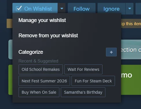 Steam 商店頁可由 On Wishlist 選單快速加入常用分類