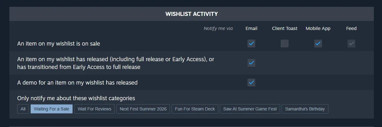 Steam 願望清單可按分類控制通知