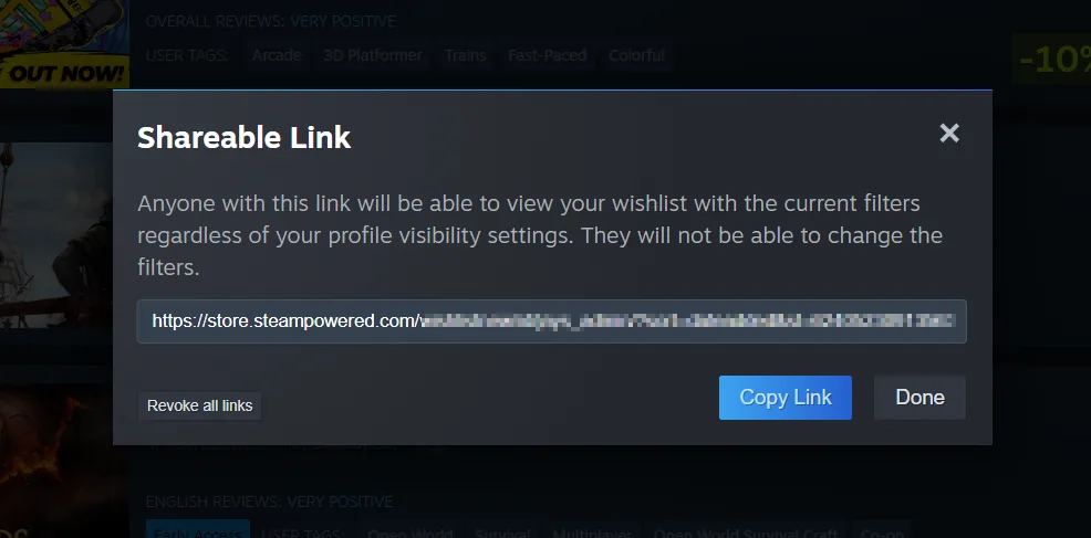 Steam 分享按鈕會產生可撤銷嘅專屬願望清單連結