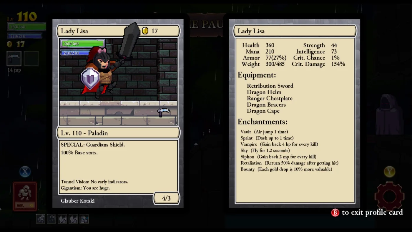 Rogue Legacy 角色選擇與家系介面