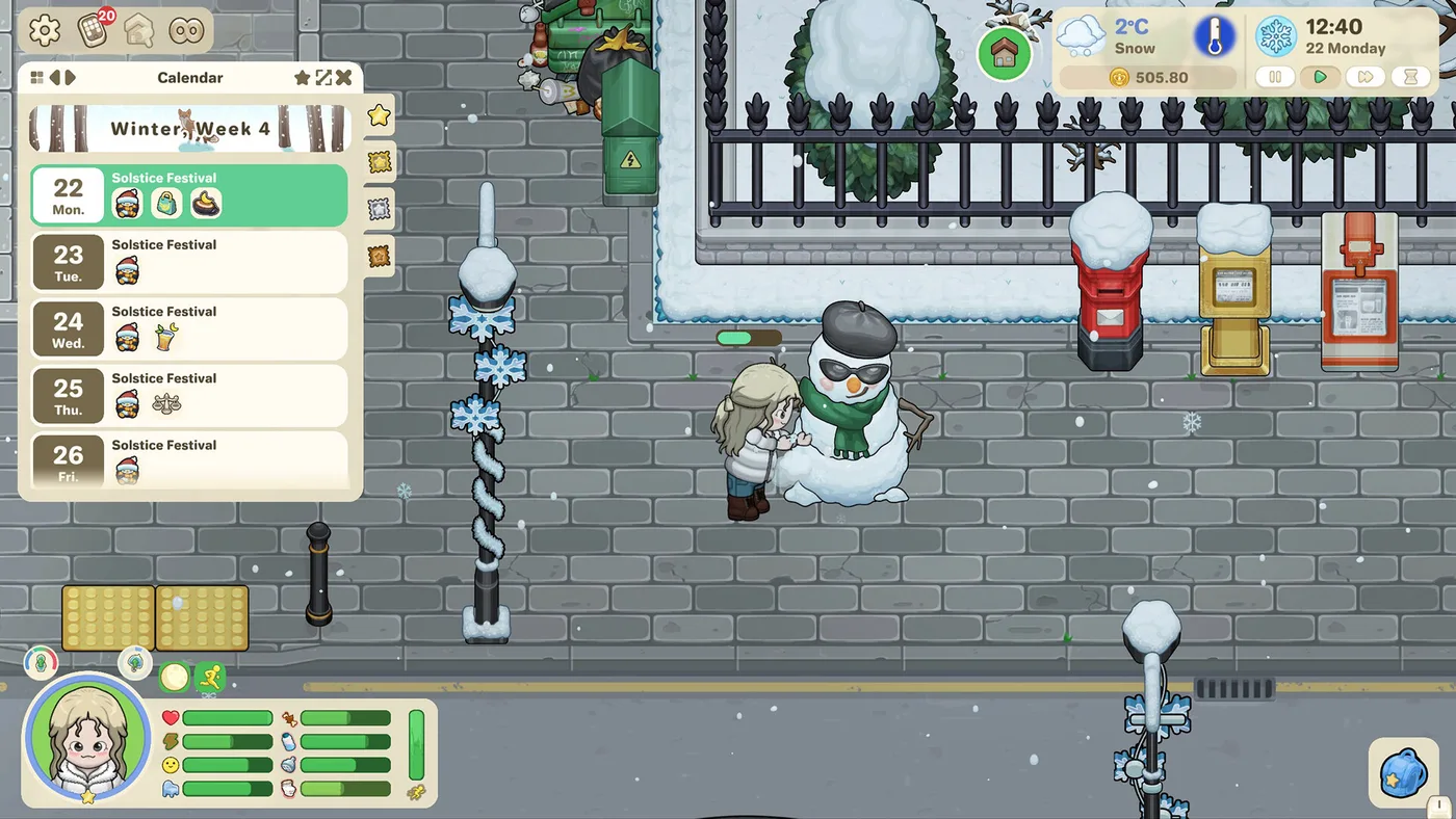 Little Sim World 冬季日曆與角色需要介面