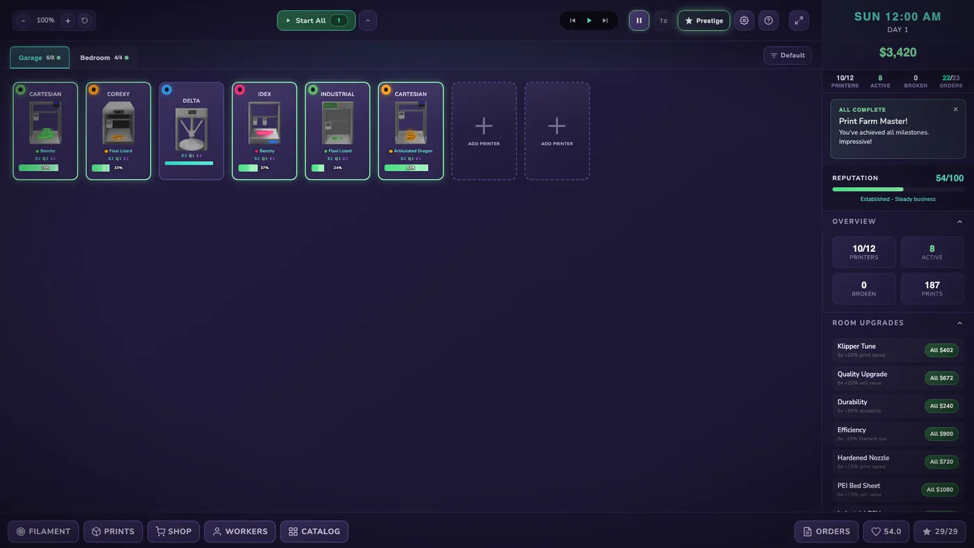 3D Printer Manager 車庫內不同類型打印機與房間升級