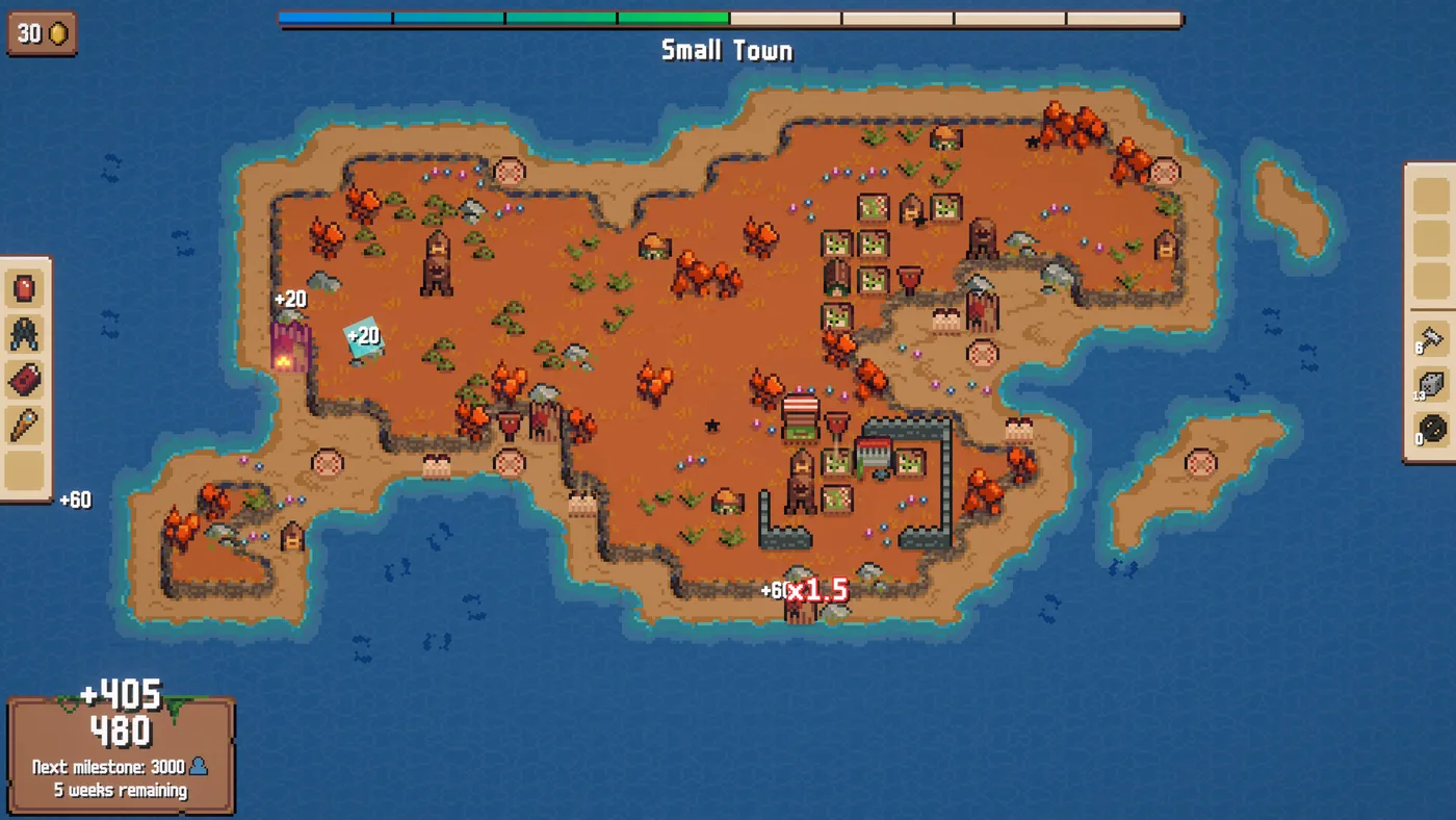 沙漠小鎮地圖，建築旁浮出加分與倍率