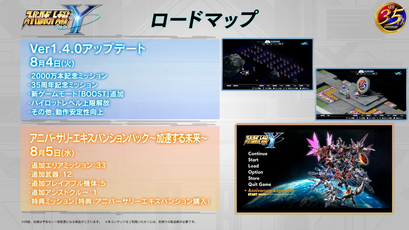 《超級機械人大戰Y》8月更新與擴充路線圖