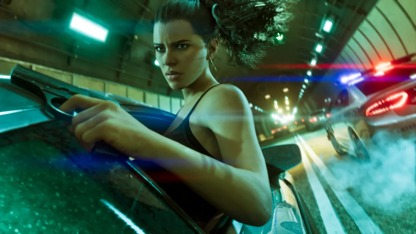 《Grand Theft Auto VI》中 Lucia 探身車外的畫面